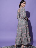 Black printed embroidered anarkali kurta with deep neck