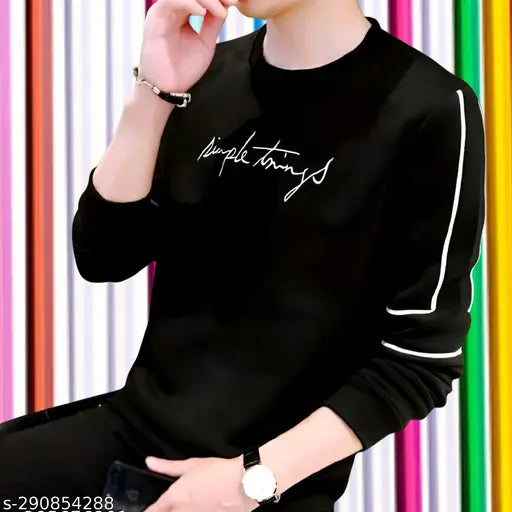 Black cotton blend round neck men's t-shirt with printed design, long sleeves, premium quality, hip hop style, and loose fit. Made in India