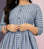 Traditional blue cotton Anarkali printed kurti for women & girls, enriched with striped print work, perfect for festivals like Raksha Bandhan