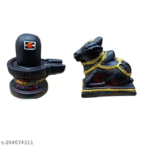 Black marble dust Shivling (2.5 inches) and Nandi (2 inches) handcrafted & hand-painted Tilak Idol for home or office puja, temple, or car dashboard