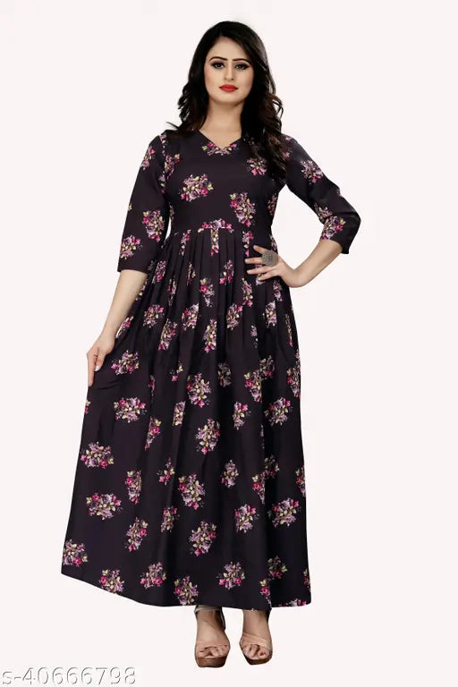 Black rayon flared kameez with slub silky texture