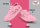 Pink casual sneakers with white laces, featuring a design with trees on top, suitable for young girls, soft material with velcro closure