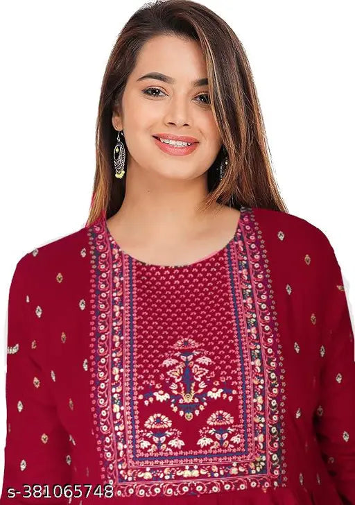 Brown rayon Damask Rani long kurti with three-quarter sleeves and printed combo - women's fashion, international styles