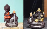 Golden & Black polyresin Monk Buddha & Ganesh Ji idol with 20 smoke cones for backflow incense, creating a smoky waterfall effect