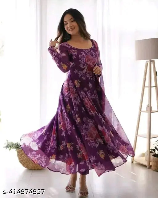 Trendy elegant women's gowns, georgette fabric with long sleeves and printed net pattern. Size XS to XXXL, handmade Indian craftsmanship on display