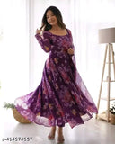 Trendy elegant women's gowns, georgette fabric with long sleeves and printed net pattern. Size XS to XXXL, handmade Indian craftsmanship on display