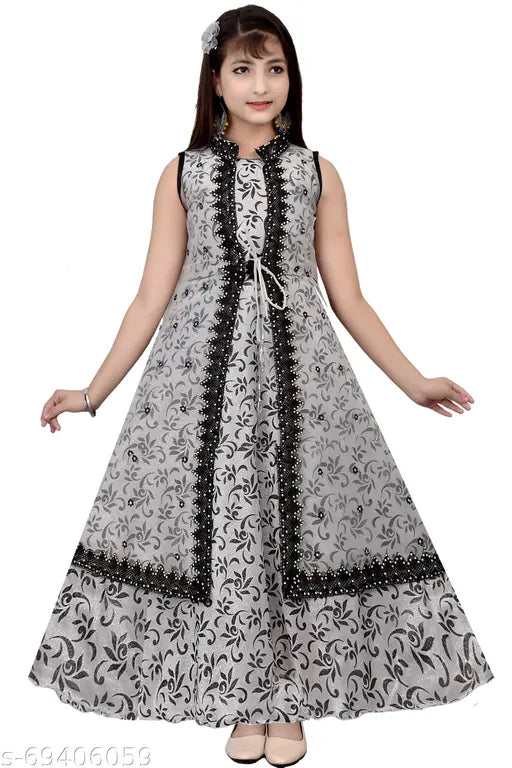 Grey silk ethnic girls gown, sleeveless printed net daily wear kurti pack of 1, Indian fashion for occasions