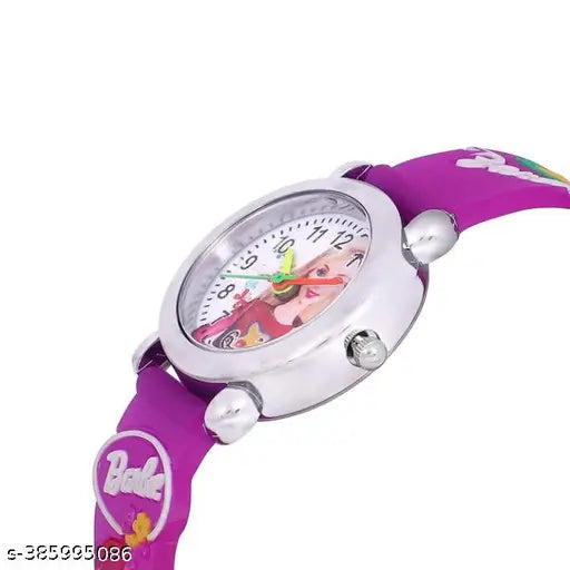 Black kids' digital watch with multicolored face, purple strap