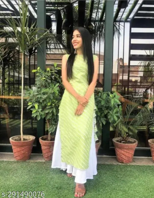 Sleeveless cotton Leheriya printed kurti and palazzo set, vibrant Indian fashion on mannequin