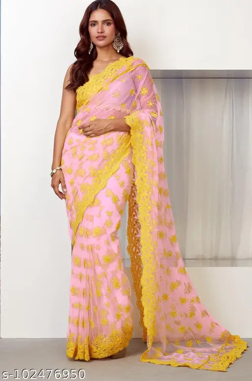 Indian Chikankari net saree with embroidered butterflies on free-size net fabric