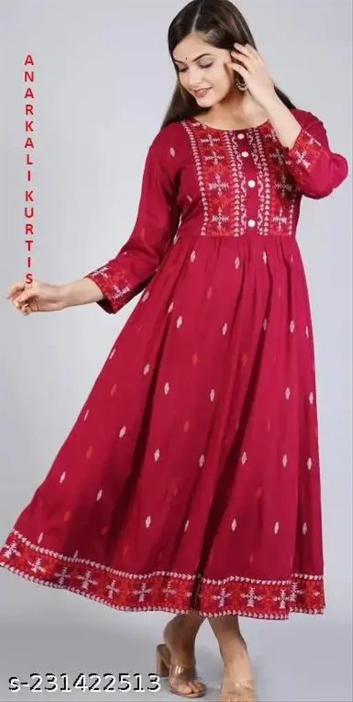 Maroon women's printed kameez, long length, blend fabric
