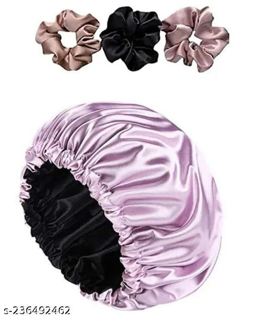 Pink satin hair bonnet cap with 3 black velvet scrunchies
