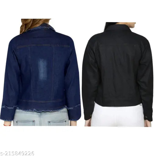 Blue denim jacket with zip front closure, available in 4 different styles