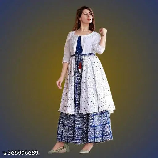 Royal blue printed Anarkali Kurti with white jacket, rayon fabric, three-quarter sleeves