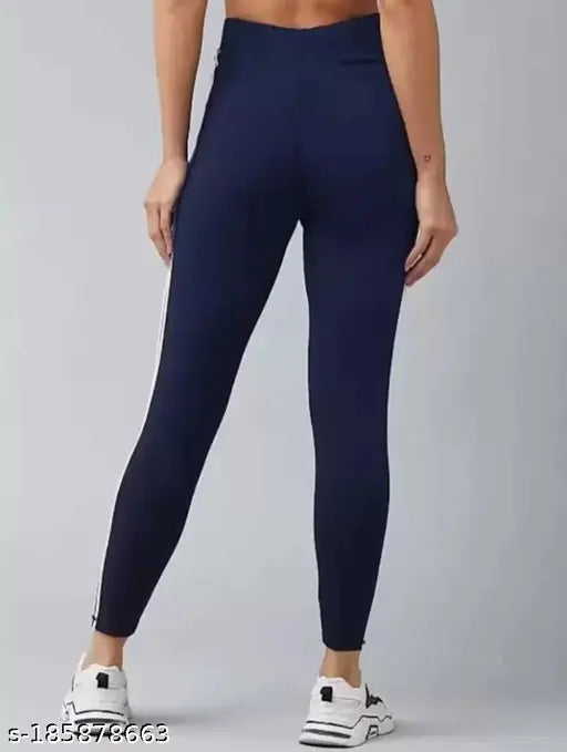 blue double pati 2500 Lycra printed net gym leggings ankle length stretchable striped jeggings for women and girls, free size 28-34 inch (size 32 - waist 29in, length 36in)
