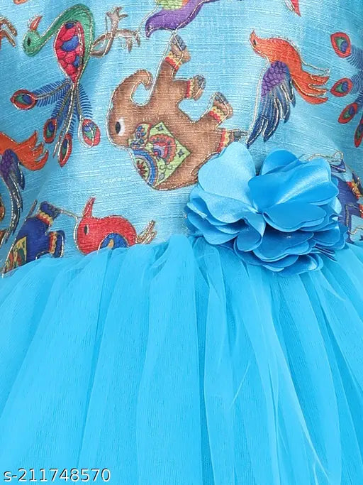 Aqua blue animal printed net dress for girls party wear, size 1-2 years or 2-3 years, Indian origin
