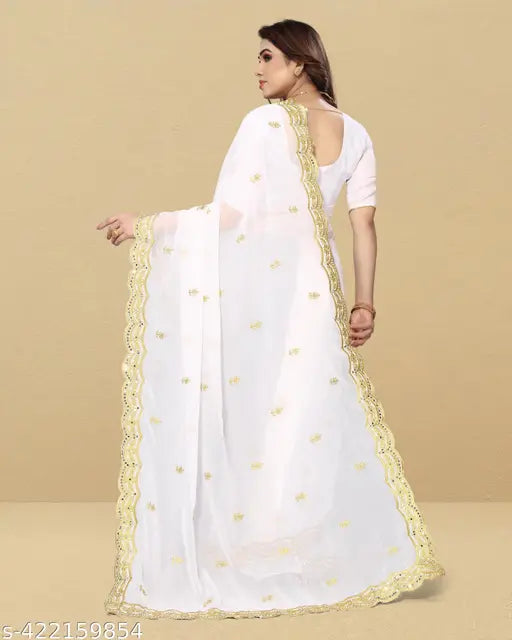 White and gold georgette saree for women and girls, pack of 1