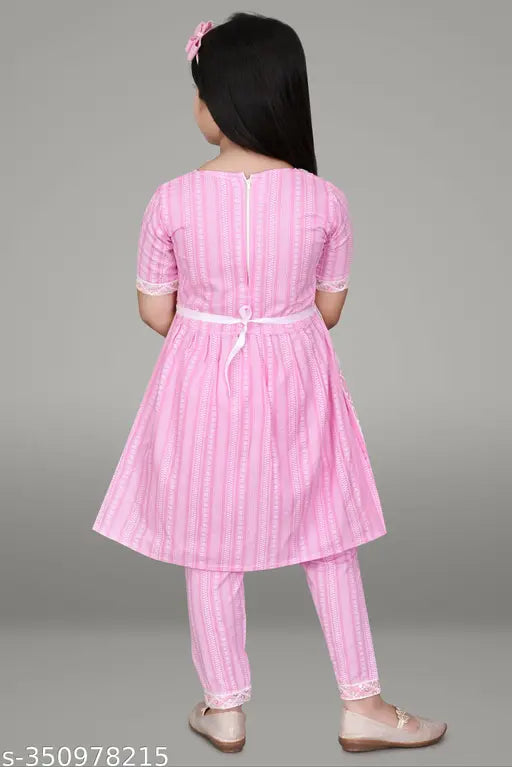 Girls Pink Rayon Naira Dress set (2pc), A-line pyjama style with embroidered pattern, perfect for party, casual, festive, or wedding wear in sizes 5-6, 6-7, 7-8, 8-9, 9-10 years. Made in India
