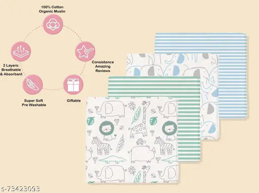 Green zoo striped elephant head blue striped organic cotton muslin swaddle set, 100x100 cm, pack of 4, soft and breathable for baby