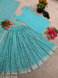 Long, light blue embroidered kurta and matching sharara with dupatta