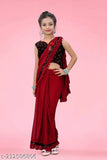 Maroon lycra blend sari with ruffled pattern and velvet unstitched blouse piece