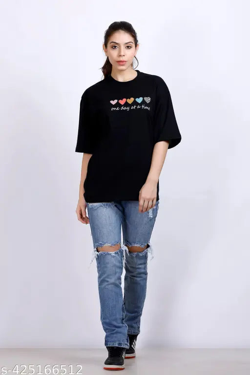 Black oversized printed round neck cotton t-shirt