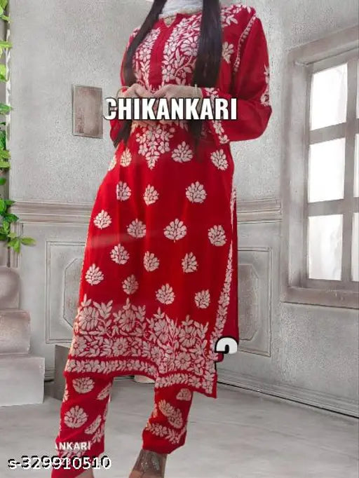 Embroidered rayon kurti and pants set with three-quarter sleeves, festival special full embroidery for women, India origin