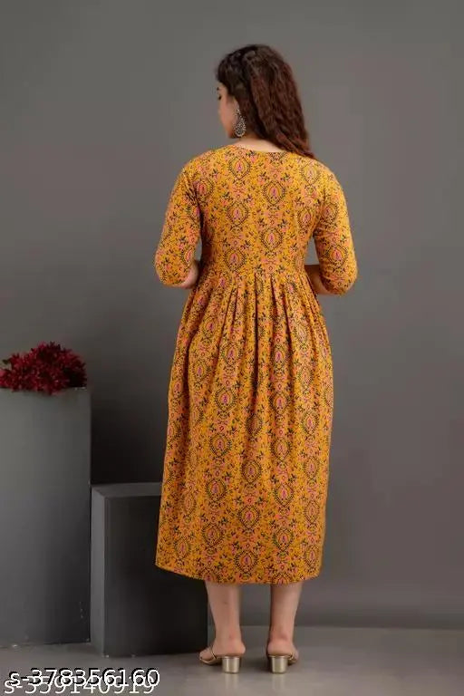 Rayon printed Anarkali kurtis for women, three-quarter sleeve length, Indian ethnic wear with floral patterns on display