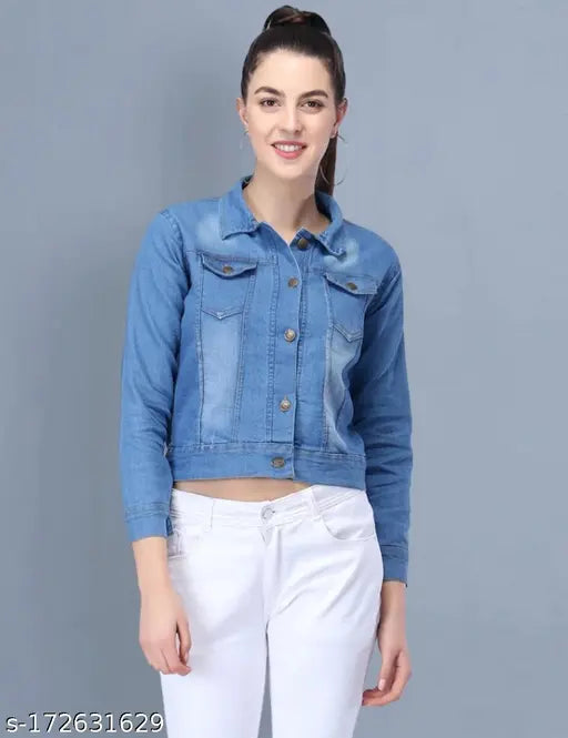 Dyed/washed denim women's jacket with three-quarter sleeves, good quality. Sizes: S (34in bust, 19in length), M (36in bust, 20in length), L (38in bust, 20in length), XL (40in bust, 21in length). Made in India