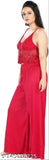 Red satin Women's sleepwear set with lace pallazo, includes robe and top for comfortable WFH attire