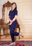 Viscose rayon printed nightsuit & coord set for women and girls, blue sleepwear on bed