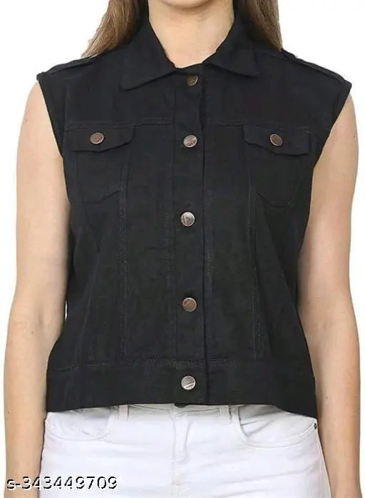 Black denim women's jacket, sleeveless, solid pattern, New Classic Enterprises. Casual outfit accessory, India origin