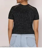 Trendy women's knit mesh crop top with sparkling rhinestone embellishments, stylish ladies blouse in free size, Indian-made fashionable girls' t-shirt on hanger