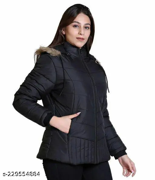 Winter black nylon jacket, solid design, long sleeves, size L (bust 38in, length 28in), made in India