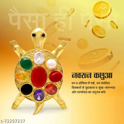 Gold-polished brass Feng Shui Kachua Tortoise Navratna figurine, featuring gemstones - Ruby, Pearl, Red Coral, Emerald, Yellow Sapphire, Diamond, Blue Sapphire, Hessonite, Cat's Eye. Single piece in package, ideal for office luck enhancement, India origin