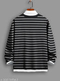 Black and White CottonBlend slim-fit polo neck t-shirt with striped pattern, suitable for men's fashion