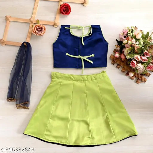 Acrylic and cotton blend sleeveless floral embroidered Lehenga with net Dupatta, 1-2 years size, Indian traditional outfit on display