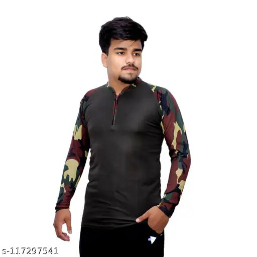 Men's polyester T-shirt, army/military style with camouflage print & long sleeves, olive green color, ideal for active wear or casual outfits