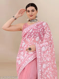 Embroidered net sari with silk blend running blouse, Indian hand-crafted dabang saree