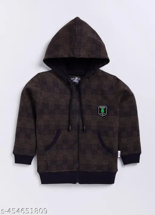 Brown plaid hooded jacket, zip closure, embroidered logo on front chest