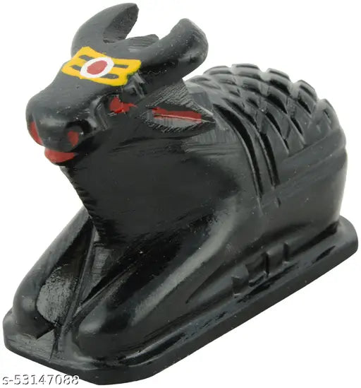 The alt text string for this e-commerce product image should be as follows: 'Small black marble nandi idol for home temple 6-7cm