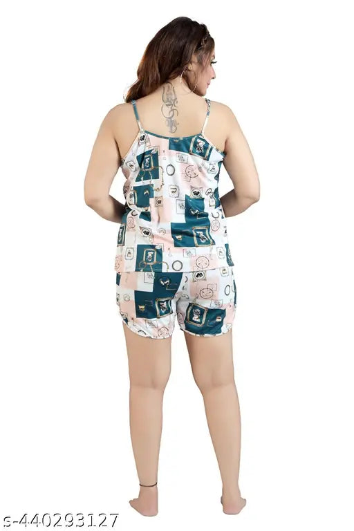 White satin printed nightsuit set: Spaghetti top with sleeveless thin straps & wide-leg shorts with side pockets, India origin