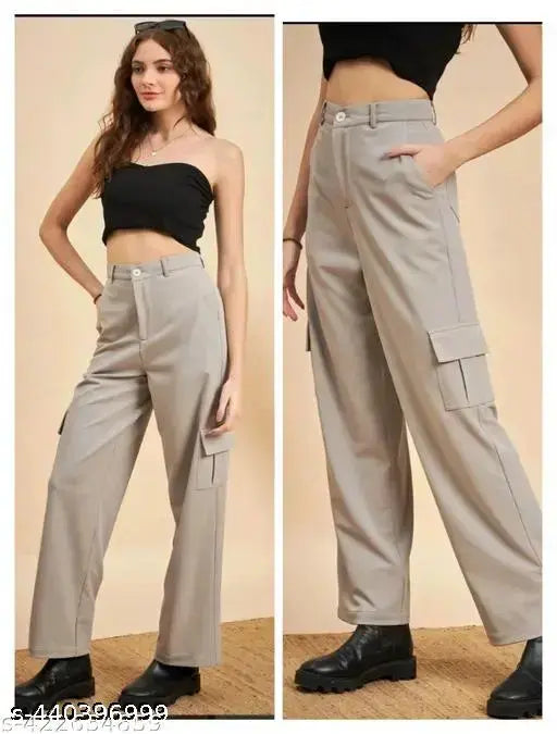 Women's high-rise cargo pants in a slim fit with four pockets, resembling slime fabric, khaki color