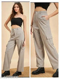 Women's high-rise cargo pants in a slim fit with four pockets, resembling slime fabric, khaki color