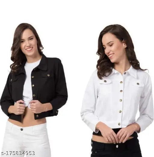 Denim waistcoat pack of 2, classic feminine women's jackets with long sleeves, solid pattern from India