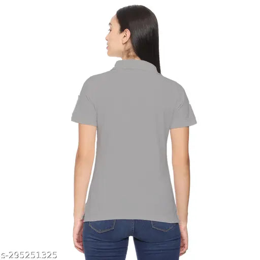 Grey cotton blend half-sleeve polo neck shirt for women, stylish and trendy office or casual wear