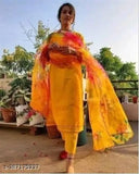 Yellow cotton sundress with a dupatta, long sleeves, and embroidered detailing