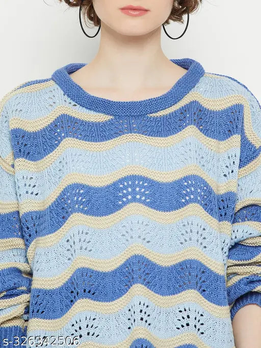 Wool blue open-knit round neck sweater for women with self-design pattern, full sleeves, and pull-on closure. Made in India (M: 50in bust, 19in length; L: 48in bust, 20in length; XL: 52in bust, 21in length)