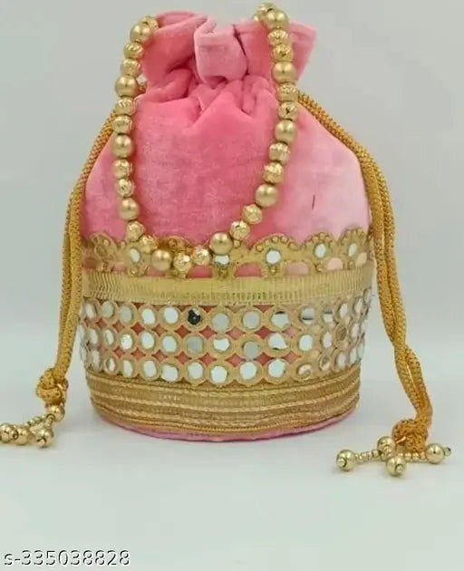 Pink potli bag with gold accents, pearl details