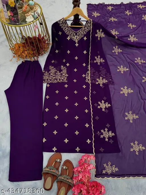 Purple georgette saree with heavy sequin embroidery, matching blouse and petticoat